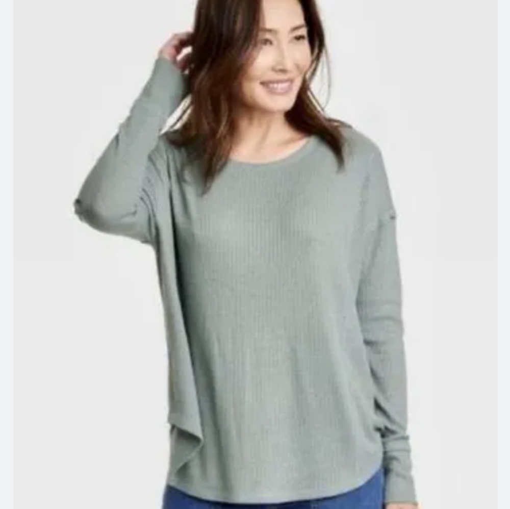 Knox Rose Women's Loose Fit Ribbed Green Long Sleeve Top Size Medium